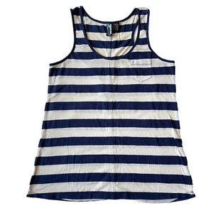 Weavers Top L Tank Striped Navy Blue White Nautical Sailor Stud Racerback Pocket - Picture 1 of 24