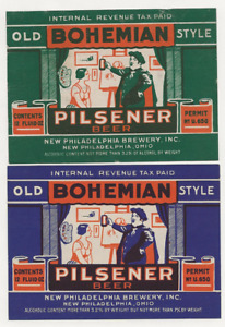 2 dif New Philadelphia Old Bohemian Pilsener Beer labels Irtp U#'s Ohio