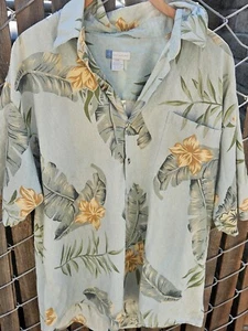 Half Moon Bay Men Button Up Shirt 2XL Green Hawaiian Silk Blend Short Sleeve - Picture 1 of 5