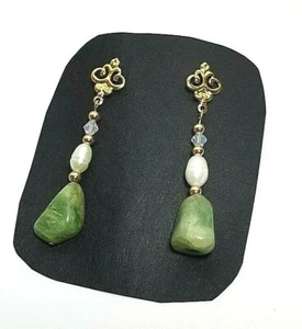 Pendientes rellenos de oro 14K perlas con cuentas perno prisionero verde aventurina opalita ÚNICOS EN SU CLASE - Imagen 1 de 5