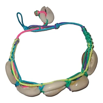 Vintage Neon Rainbow Cord Cowrie Shell Bracelet 6.5"-8.5" - Image 1 of 4
