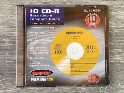 ONE DISC: Comp USA CD-R 4x 700 Mb Premium 12x Compact Disc * Sealed SKU# 276254 - Image 1 of 3