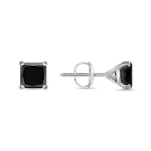 1.5 Ct Princess Black Created Diamond Earrings Real 14K White Gold Martini Screw - Picture 1 of 3