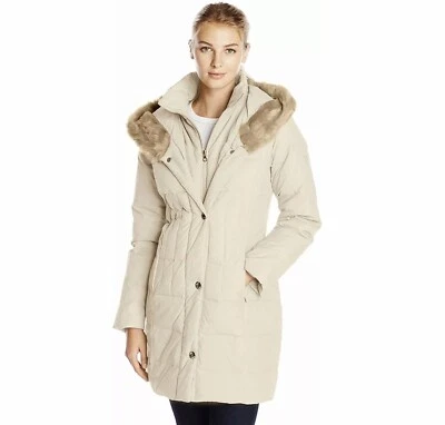 Larry Levine Down Filled Coat Beige Faux Fur Trimmed Hood Winter Coat Size Small - Image 1 of 4