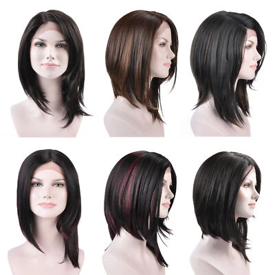 Peluca afro recta frontal de encaje sintético corta inspirada en Bob Megan Fox parte L para mujer Foto 1 de 4