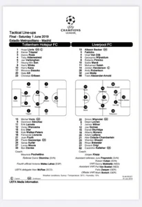 Hoja Oficial Equipo Final Liga de Campeones 2019 Tottenham v Liverpool RARA - Imagen 1 de 2