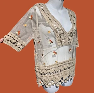 HOUSE OF HARLOW 1960 x REVOLVE oversize tan mesh crochet sheer top boho 4B - Picture 1 of 6