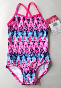 Traje de baño Kanu Surf Layla Beach deportivo con bandas 1 pieza 2T rosa caramelo Chevron para niñas - Imagen 1 de 9
