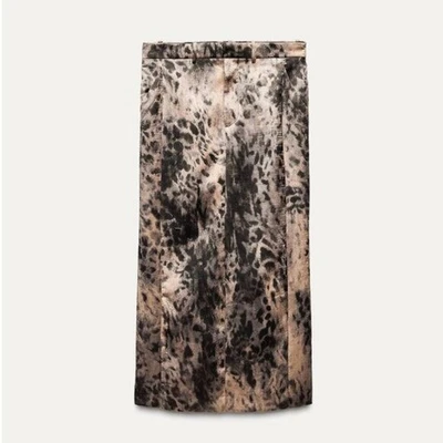 NUEVO SIN ETIQUETAS ZARA ZW Falda Midi Estampado Arrugado Sedosa Bloggers Favorita Leopardo/Marrón Suave Foto 1 de 4