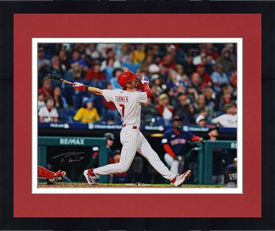 Framed Trea Turner Philadelphia Phillies Signed 16x20 White Jersey Hitting Photo - Image 1 of 1