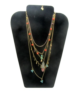 Betsey Johnson Gold Tone 5 Layered Beaded Feather & Bird Necklace Coral Accents - Image 1 of 3