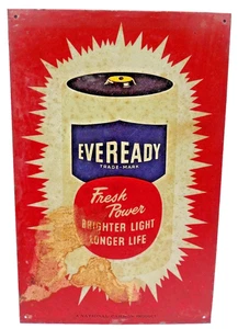 Insegna Pubblicitaria Vintage Eveready Batteria Latta Fresh Power National Carbon C 14x9 - Foto 1 di 6
