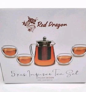 Infuser Tea Set 5 Pc Red Dragon NEW Great Gift! Stainless Steel, Double Wall FS - Picture 1 of 8