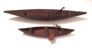 2 VINTAGE HAND CARVED WOODEN CANOES & PADDLES ~ VERY OLD DETAILED PIECES ~ L@@K! - Picture 1 of 5