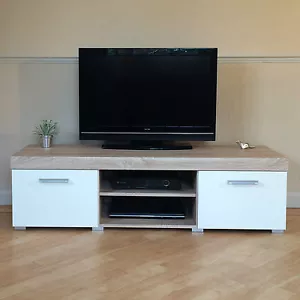 White & Sonoma Oak Effect 2 Door TV Cabinet Plasma Low Bench Stand 140cm Unit - Picture 1 of 11