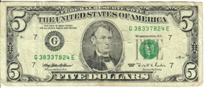 1995 5$ FRN - Small portrait w/ security thread - MEW/RER G38337824E - #15354 - Picture 1 of 2