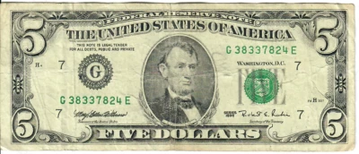 1995 5$ FRN - Small portrait w/ security thread - MEW/RER G38337824E - #15354 - Image 1 of 2