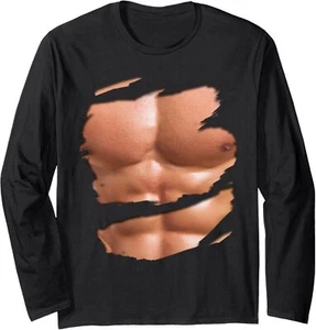 Fake Muscle Under Clothes Shirt Chest Six Pack Abs T-Shirt Long Sleeve T-Shirt - Picture 1 of 6