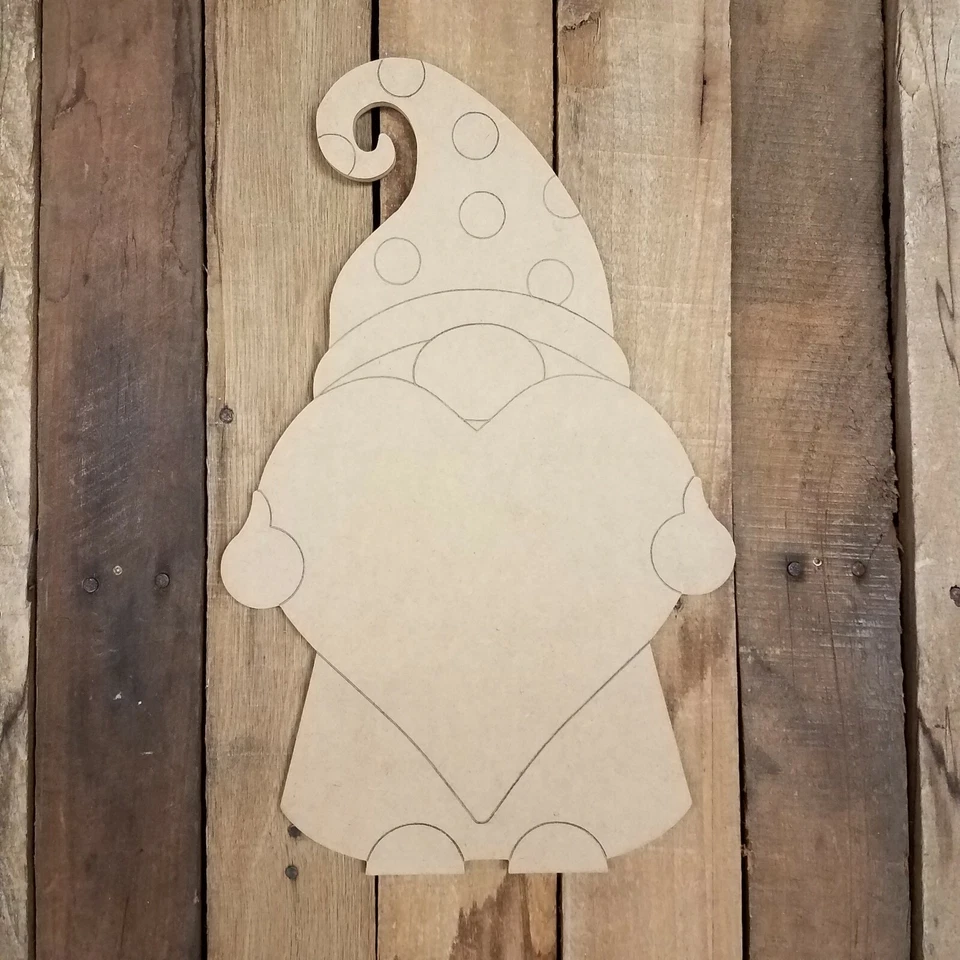 Valentine Gnome Holding Heart, Unfinished Wood Cutout, Engraved Wall D�cor Shape - Image 1 of 1