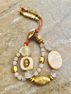 Bohemian Bracelet MOP, African Bone, Glass, Brass, and Vintage Resin Beads - Image 1 of 4