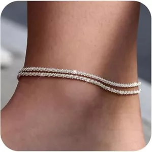 Sterling Silver Layered Anklet Set – Adjustable Waterproof Beach Jewelry Women - Picture 1 of 6