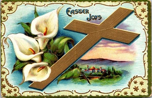 Vtg 1910s Easter Joys Lilies Gold Cross Jerusalem Scene Embossed Postcard - Picture 1 of 2