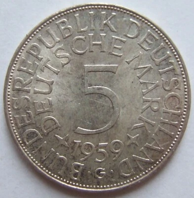 Coin BRD Silver Eagle 5 DM 1959 G in Extremely Fine / Brilliant Uncirculated - Image 1 of 2