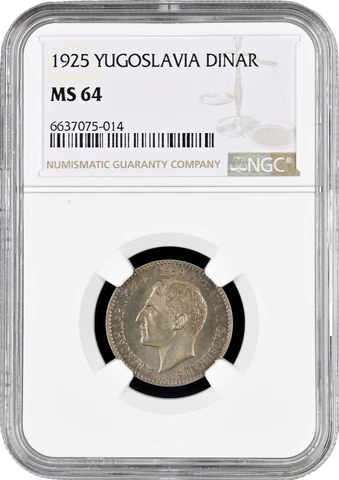 Yugoslavia 1 dinar 1925, NGC MS64, "King Alexander I (1921 - 1934)" Cover