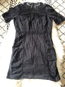 Zara Black Lace And Cotton Dress Short, Zip Back Size Large. Mesh Crochet. E