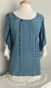 Umgee Tunic Top Women's SIze S Boho Blue Tie Dye Knotted Fringe - Picture 1 of 7