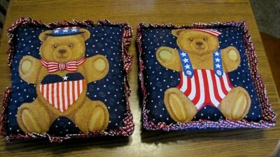 Vintage Lot 2 Handmade Teddy Bear Flag Decorative Throw Pillow Patriotic  - Image 1 of 4