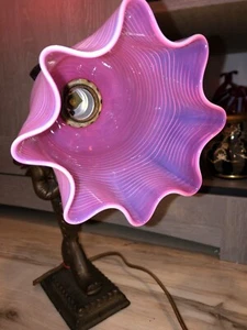 Rare Antique Art Nouveau Brass Nude Nymph Pink Opaline Lamp - Picture 1 of 12