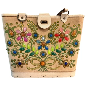 Enid Collins of Texas Vtg 1960s Beaded Purse Bag JEWEL BOKAY Bohemian Wood Base - Picture 1 of 7