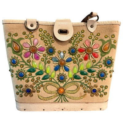 Enid Collins of Texas Vtg 1960s Beaded Purse Bag JEWEL BOKAY Bohemian Wood Base - Image 1 of 4