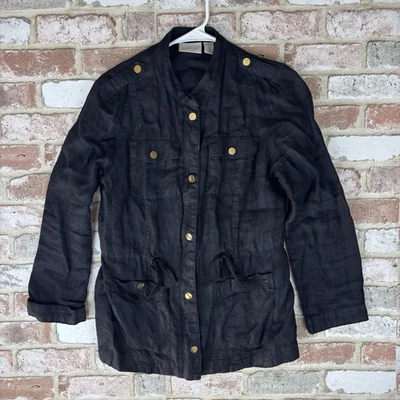 Chicos Jacket Womens 0 Black Linen Utility Cargo Safari Military Button Up Coat - Image 1 of 4