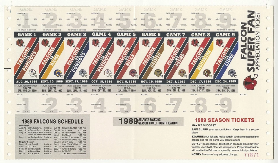 1989 Atlanta Falcons Season Ticket Sheet Deion Sanders NFL Debut - Aikman 1st TD - Image 1 of 2