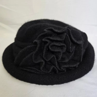 Adora 100% Wool Cloche Hat w/ Ruffled Flower Detail, Black, One Size - Image 1 of 4