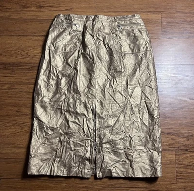 Vintage Roamans Leather Skirt 22W Gold Metallic Pencil Midi Zip Front Pocket Y2K - Image 1 of 4