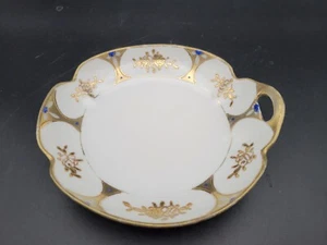 Vintage Hand Painted Nippon Round Trinket Nut Dish White Gold Blue - Picture 1 of 7