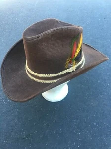 Vintage Stetson Corduroy Cowboy Hat Fitted Size 7 Brown With Feather - Picture 1 of 6