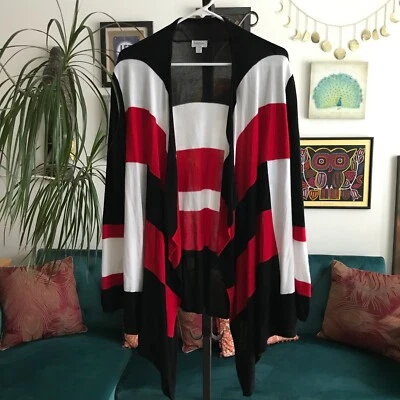 AVENUE size 14 / 16 Black Red & White Colorblock Open Waterfall Cardigan - Image 1 of 4