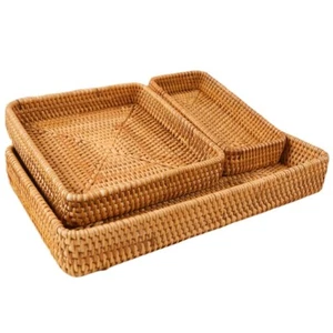 Hand Woven Wicker Storage Organizer Basket Rectangle Rattan Serving Tray - Picture 1 of 23