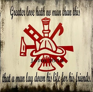Fireman Wall Sign Artisan Made 10” x 10” Paint & Vinyl On Wood Bible Verse New - Picture 1 of 3