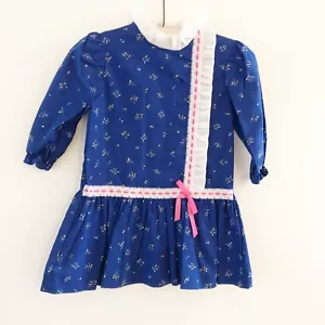 Vintage Girls Dress You Are In Wonderland Blue Floral Asymmetrical Trim Size 4 - Picture 1 of 4