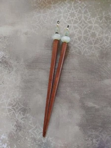 Vintage LOT qty 2 accessory hair stick wood art glass beads green UV reactive - Picture 1 of 5