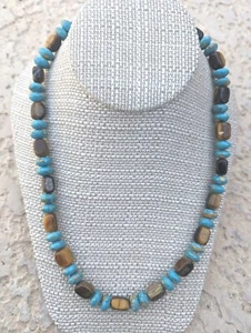 Tiger Eye And Turquoise Beaded Necklace 18 To 22 Inches Claw Closure - Picture 1 of 5