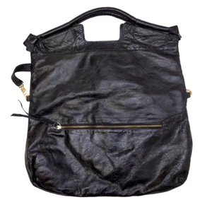 $345 FOLEY & CORINNA Tote Mid City Black Leather Distressed Wrinkled Foldover - Picture 1 of 7