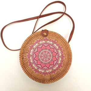 Wood and Wicker Round Mandala Basket Purse Shoulder Bag Boho Chic - Bild 1 von 10