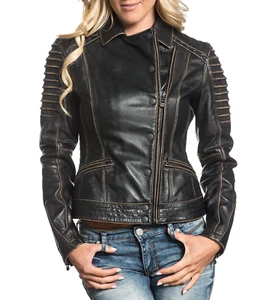 AFFLICTION Leather TRUE DESTINY WOMEN'S JACKET Black Biker MMA - Picture 1 of 12