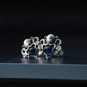 Octopus Studs Earrings in Oxidized Silver. Ocean Animal Jewelry. Gifts for Men - Picture 1 of 9